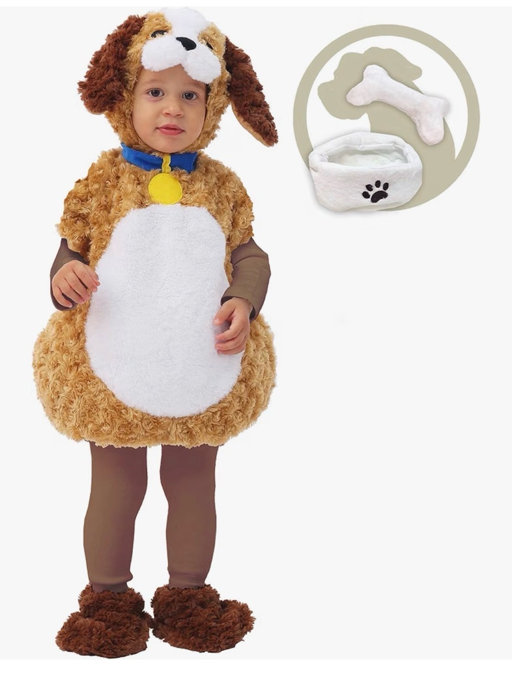 Kids Brown and White Puppy Costume with Collar and Bone Accessory 18-24 Months